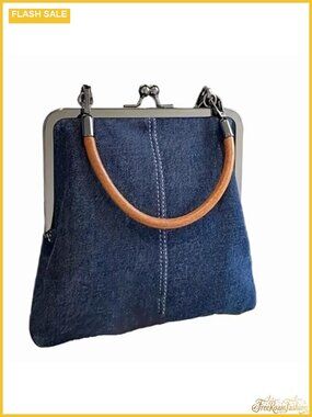Denim Crossbody Mini Tote Bag Kiss Lock Purse Adjustable Strap